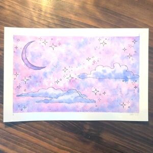 Original Watercolor Whimsical Moon Painting